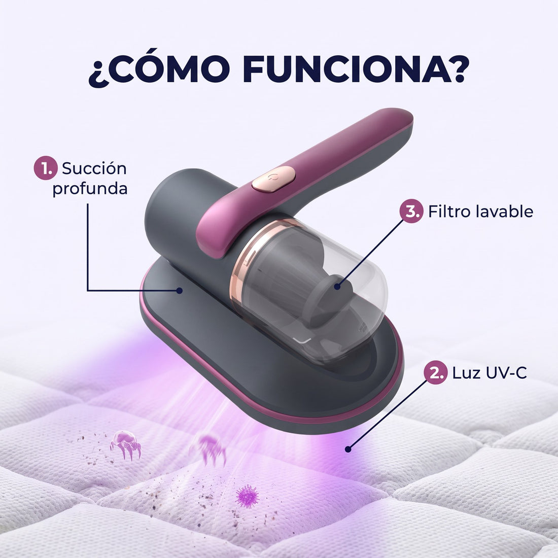 Cómo funciona AcaroPro: succión, luz UV-C y filtro lavable