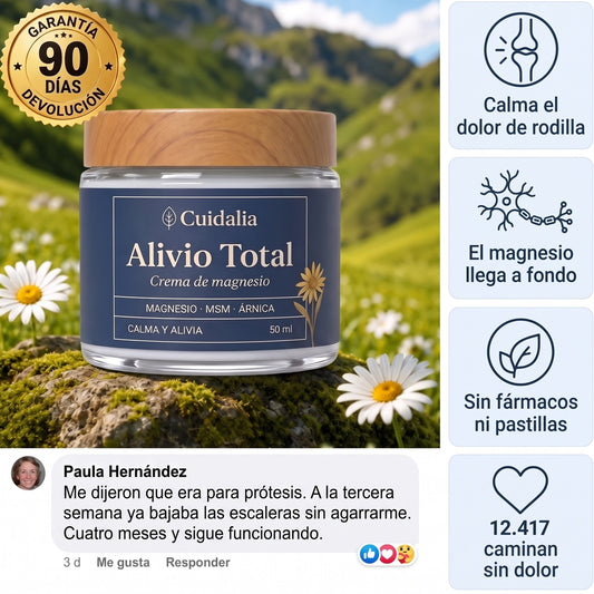 Alivio Total, crema de magnesio para rodillas de Cuidalia, con garantía de devolución de 90 días