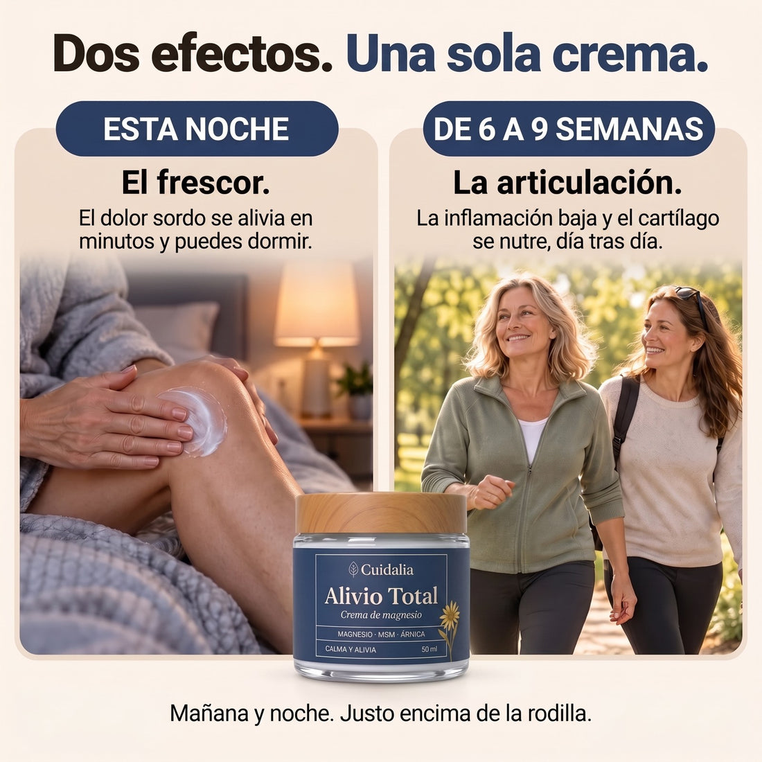 Dos efectos, una sola crema: alivio esta noche y cambio de 6 a 9 semanas